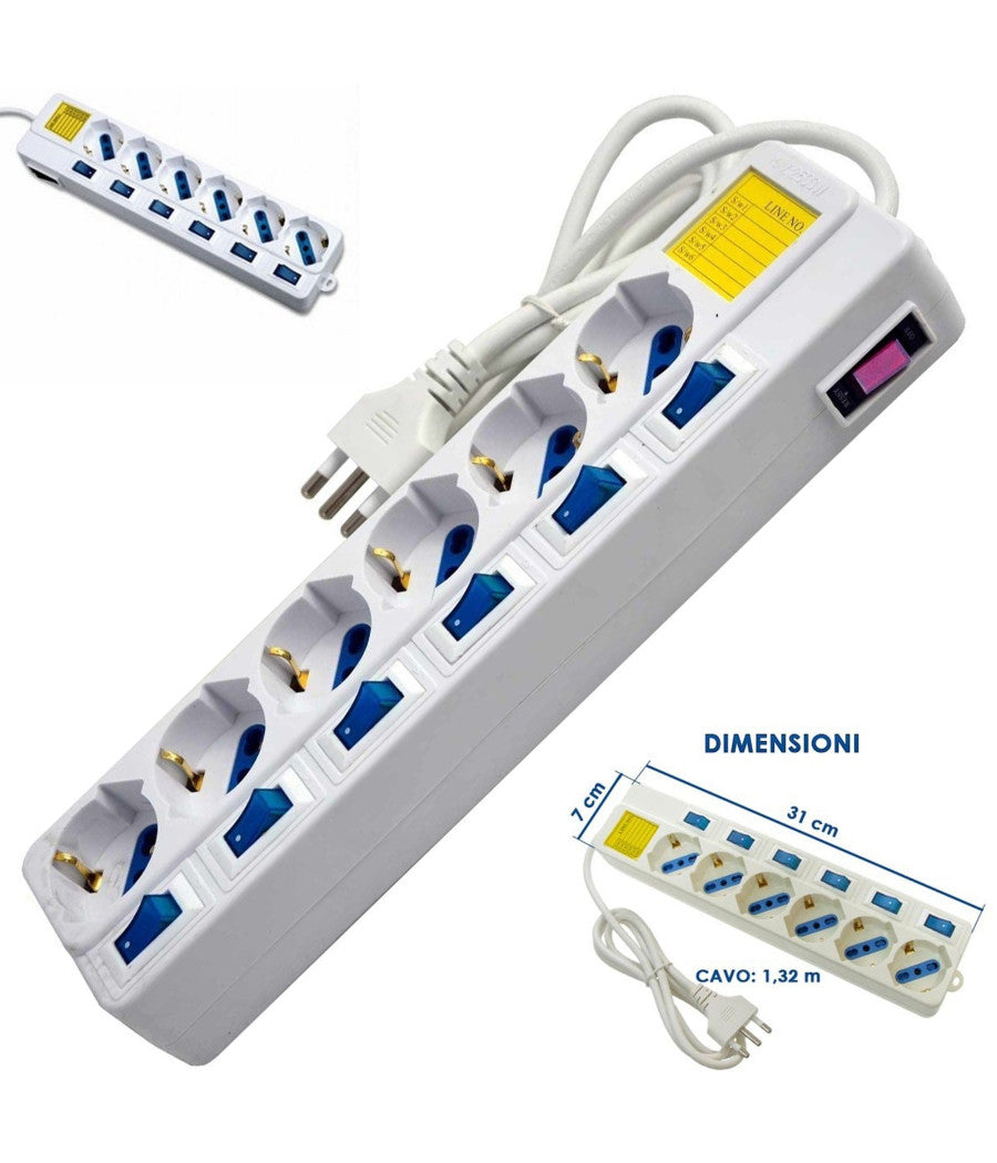 Multipresa 6 Posti Schuko Bipass 10-16a Con 7 Interruttori Protezione Bambini         