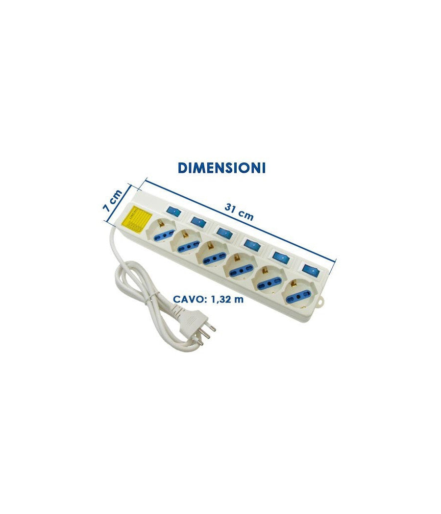 Multipresa 6 Posti Schuko Bipass 10-16a Con 7 Interruttori Protezione Bambini         