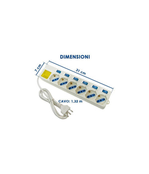 Multipresa 6 Posti Schuko Bipass 10-16a Con 7 Interruttori Protezione Bambini         