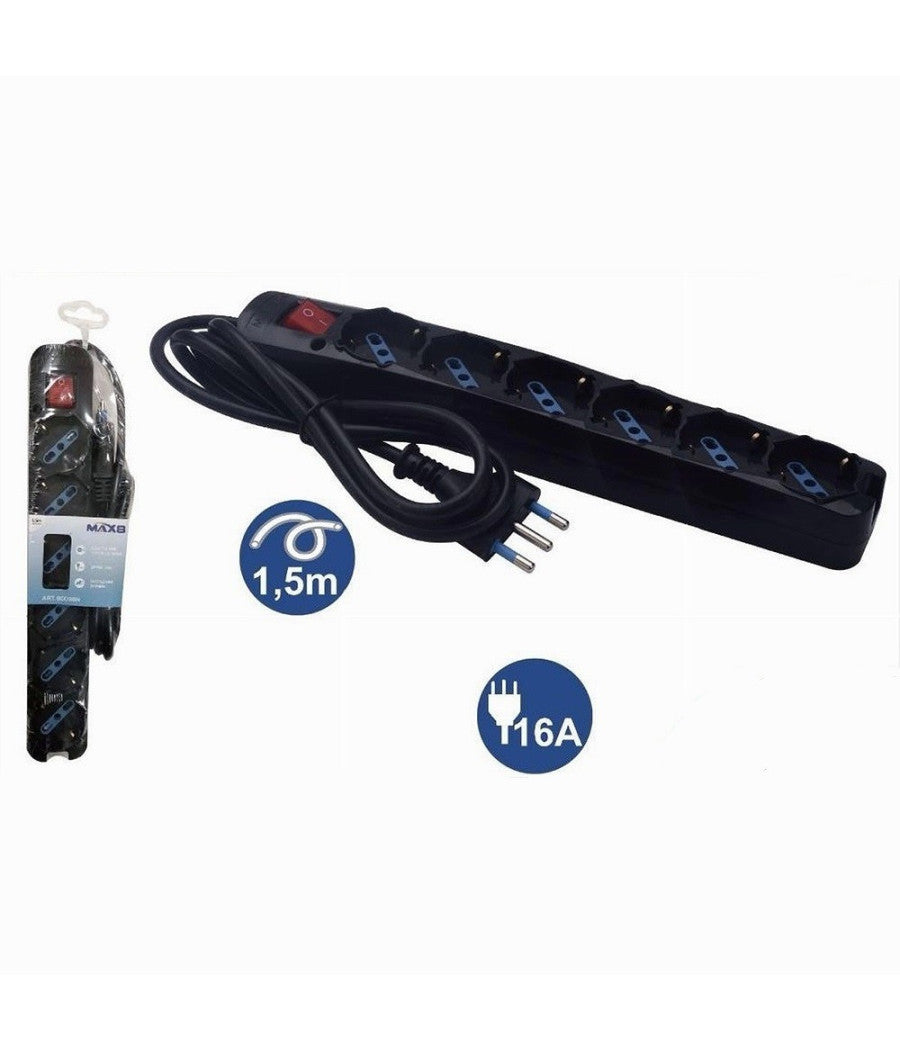 Multipresa 6 Uscite Universali Schuko Bipasso Spina 16a Cavo 1.5 Mt Nero 80098n         