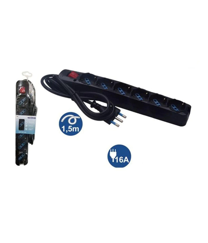 Multipresa 6 Uscite Universali Schuko Bipasso Spina 16a Cavo 1.5 Mt Nero 80098n         