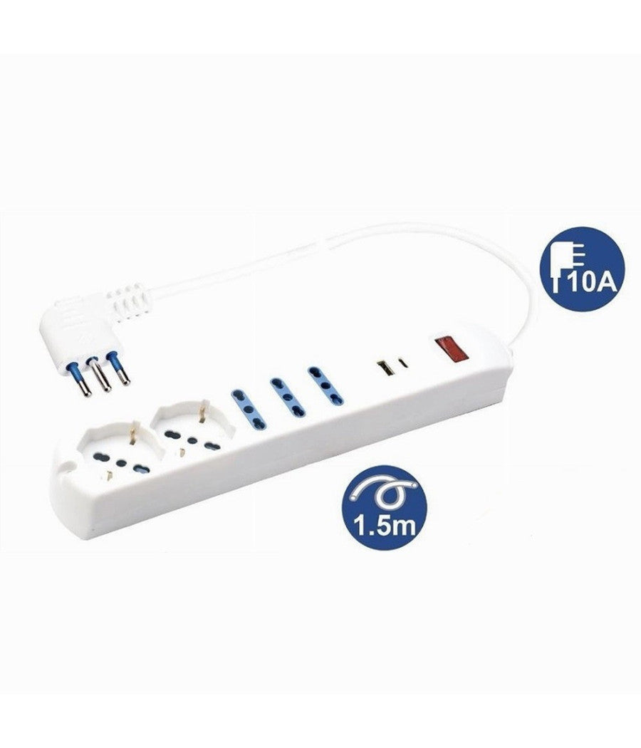 Multipresa 7 In 1 Usb A + C + 3 Prese Per Bipasso + 2 Schuko/eu Cavo 1,5mt 80080         