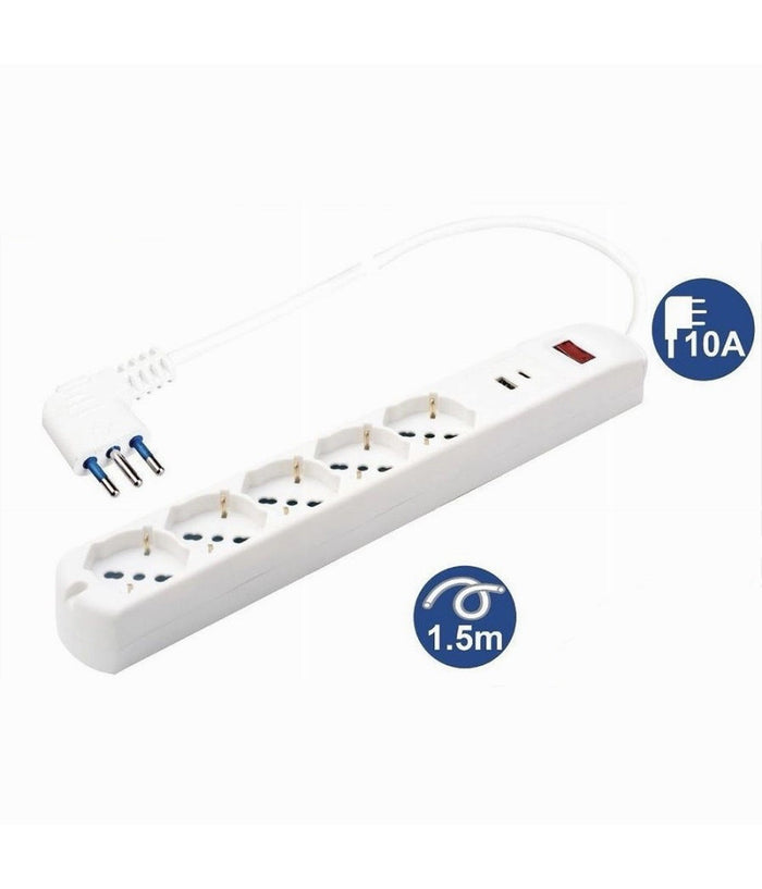 Multipresa 7 In 1 Usb A + C + 5 Prese Per Bipasso / Schuko / Eu Cavo 1.5mt 80082         