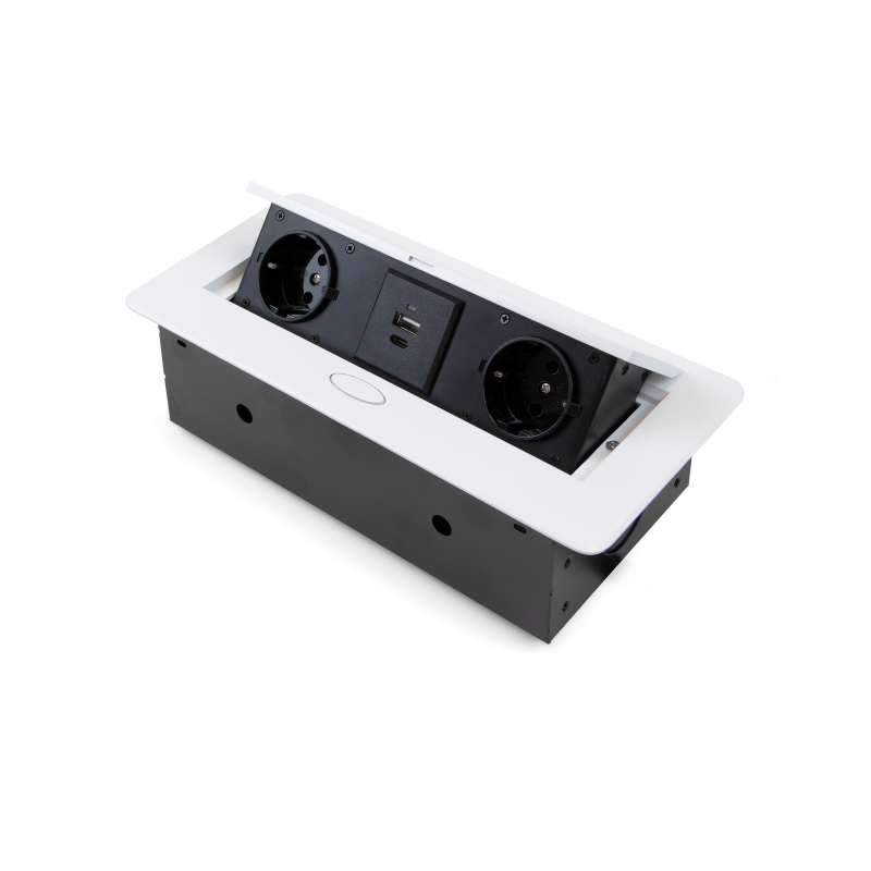 Multipresa Atom 26 Lite per scrivania, Verniciato bianco, Zama e Acciaio e Tecnoplastica.