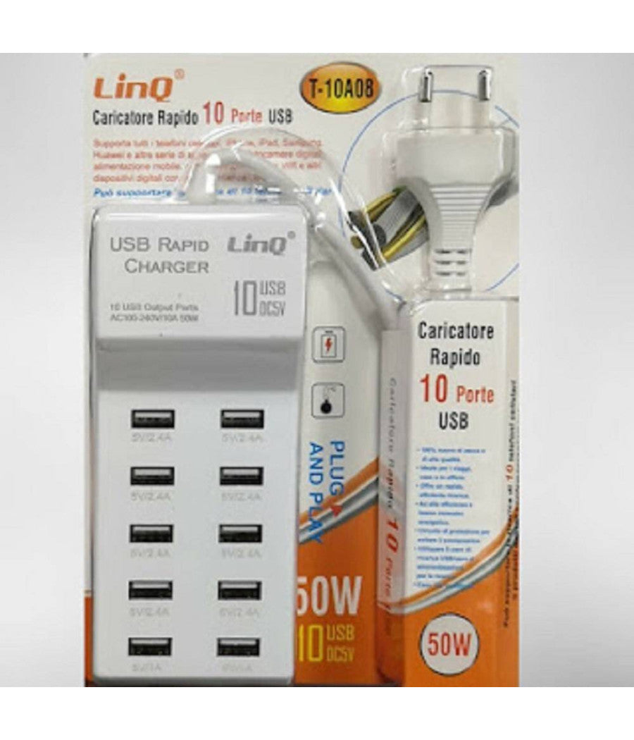 Multipresa Caricatore Rapido 50 Watt A 10 Porte Usb Dc5v T-10a08 Per Smartphone         