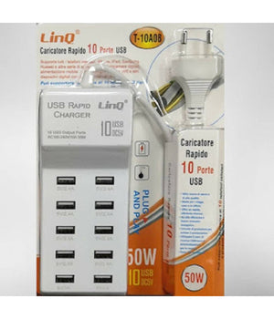 Multipresa Caricatore Rapido 50 Watt A 10 Porte Usb Dc5v T-10a08 Per Smartphone         