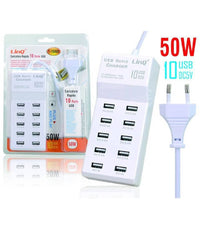 Multipresa Caricatore Rapido 50 Watt A 10 Porte Usb Dc5v T-10a08 Per Smartphone         