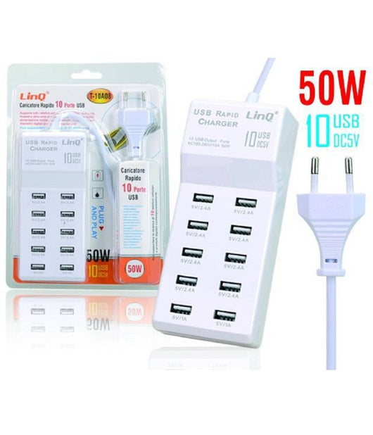 Multipresa Caricatore Rapido 50 Watt A 10 Porte Usb Dc5v T-10a08 Per Smartphone         