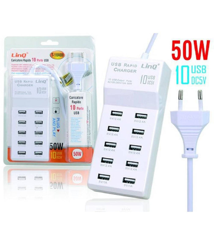 Multipresa Caricatore Rapido 50 Watt A 10 Porte Usb Dc5v T-10a08 Per Smartphone         