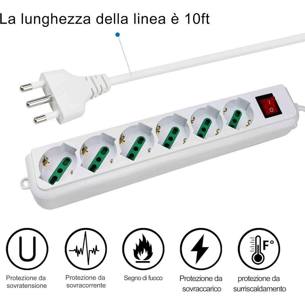 Trade Shop - Multipresa Ciabatta Elettrica A 6 Posti Con Protezione Sovraccarico 250v 2500w         