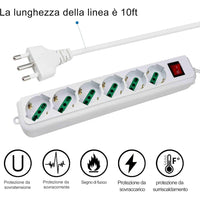 Trade Shop - Multipresa Ciabatta Elettrica A 6 Posti Con Protezione Sovraccarico 250v 2500w         