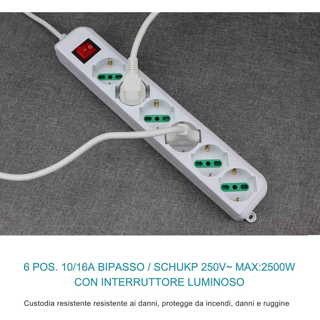 Trade Shop - Multipresa Ciabatta Elettrica A 6 Posti Con Protezione Sovraccarico 250v 2500w         