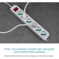 Trade Shop - Multipresa Ciabatta Elettrica A 6 Posti Con Protezione Sovraccarico 250v 2500w         