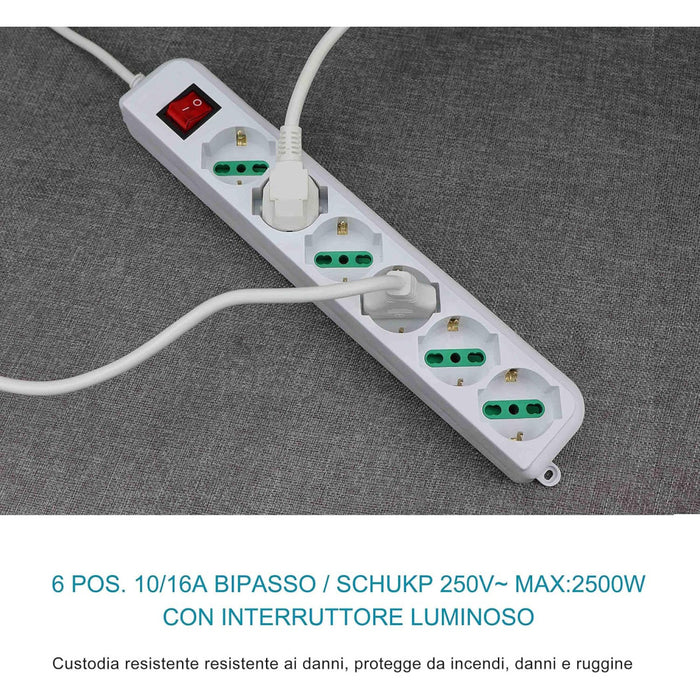 Trade Shop - Multipresa Ciabatta Elettrica A 6 Posti Con Protezione Sovraccarico 250v 2500w         