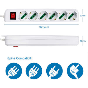 Trade Shop - Multipresa Ciabatta Elettrica A 6 Posti Con Protezione Sovraccarico 250v 2500w         