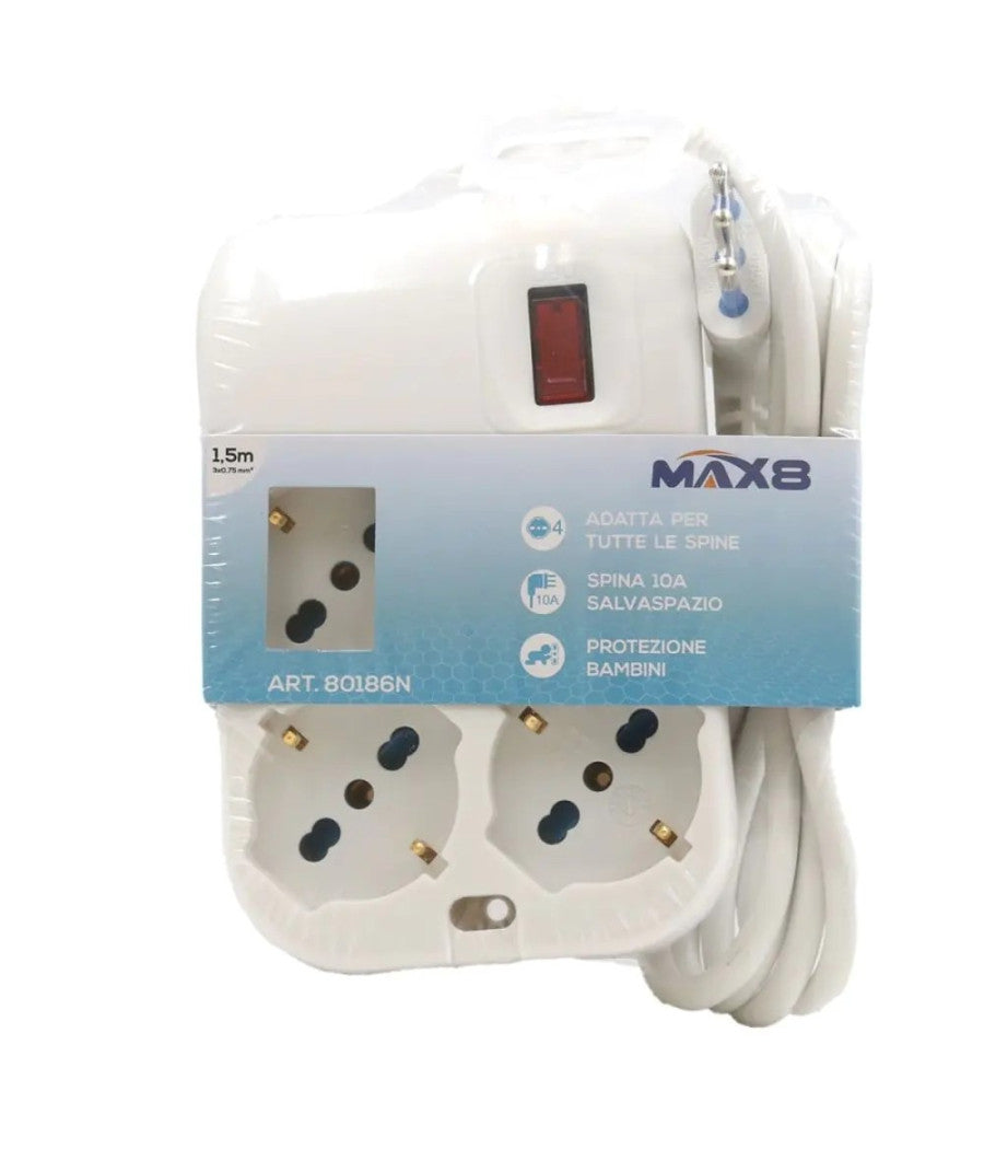 Multipresa Ciabatta Quadrata 4 Uscite Universali Spina 10a Cavo 1.5mt Bianco 80186n         