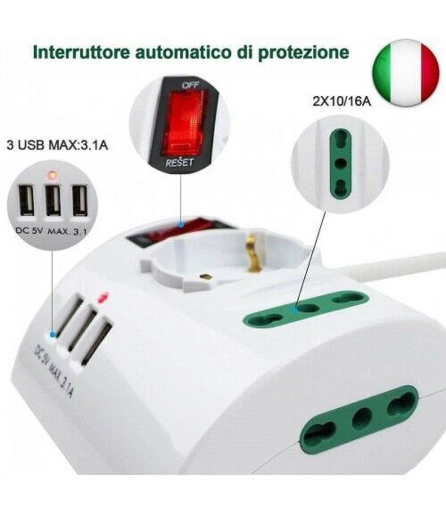 Multipresa Elettrica Da Scrivania Tavolo Con 3 Presa 3 Usb Bianco Shuko Bipasso         