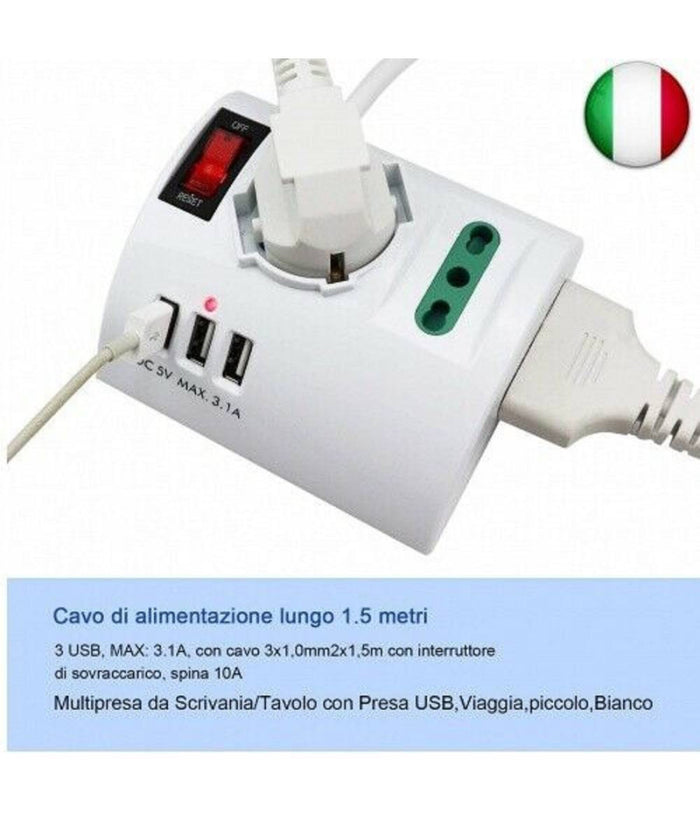 Multipresa Elettrica Da Scrivania Tavolo Con 3 Presa 3 Usb Bianco Shuko Bipasso         