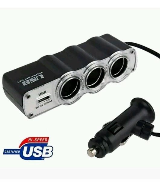 Multipresa Moltiplicatore 3 Prese Accendisigari 12/24 Volt Presa Usb Per Auto         