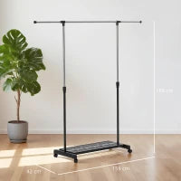 Stender Appendiabiti Estensibile con Ruote, Asta in Acciaio Inox e Ripiano per Scarpe 159x42x168 cm Nero e Argento