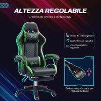Sedia da Gaming con Altezza Regolabile e Schienale Reclinabile, 65x65x121-129 cm, Nero e Verde
