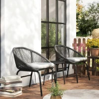 Set da Giardino con 2 Sedie con Cuscino e Tavolino da Caffè in Acciaio e Rattan PE, Nero