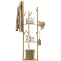 Albero Appendiabiti da Terra in Bambù con 9 Ganci e 3 Ripiani, Legno Naturale e Bianco