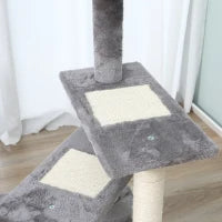Tiragraffi per Gatti da 100cm con Lettino Rotondo, Pali in Sisal e Rivestimento in Peluche, Grigio