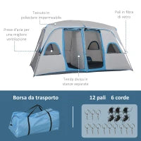 Tenda da Campeggio 4 Persone Impermeabile con 2 Stanze e Finestre a Rete, 400x275x210 cm, Grigia