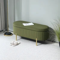 Panca Contenitore Ovale da 72L con Coperchio Sollevabile, in Tessuto Effetto Velluto e Legno, 108x44x43.5 cm, Verde