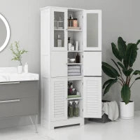 Mobile Colonna Bagno con 3 Armadietti e Ante in Vetro e a Persiana, 60x30x170.5cm, Bianco