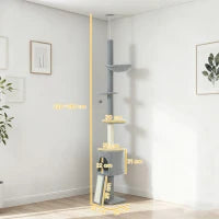 Albero per Gatti da Pavimento a Soffitto, di Altezza Regolabile 220-240cm, con Amaca, Piattaforme a Fiore, Tana, Rampa e Pallina, Grigio Chiaro