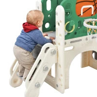 Scivolo combinato per bambini con scivolo lungo, scatola portaoggetti, tunnel, scala a pioli e canestro da basket, facile da montare e comodo da riporre, 152×186×110 cm,Verde Antico