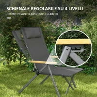 Sedia da Campeggio Pieghevole con Schienale Regolabile, in Alluminio e Poliestere 74x59.5x98 cm, Grigio e Argento