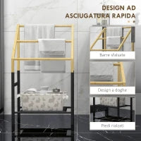 Portasciugamani a Terra con 3 Barre e Ripiano Inferiore, in Bambù e Acciaio, 51x31x85.5 cm, Nero e color Legno