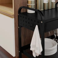 Carrello da Cucina con Cesto, Cassetto Estraibile e 3 Ganci, in PP e Metallo, 61x32.6x58.5 cm, Nero