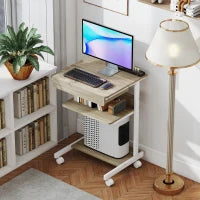 Scrivania PC con Cassetto Scorrevole, 2 Ripiani e 4 Rotelle, in Legno e Metallo, 56x51x79 cm, Bianco e Rovere