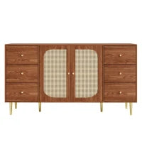 Credenza in rattan con cassetti per cucina e soggiorno, 160x40x90 cm, Marrone