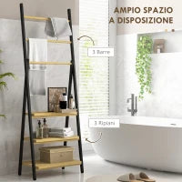 Portasciugamani Pieghevole con 3 Barre e 3 Ripiani, in Bambù e Acciaio, 53x31x153 cm, Nero e color Legno