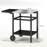 Carrello per Barbecue con Piano in Acciaio e Ripiano Richiudibile, Ruote e Ganci, 91x58x76 cm, Nero