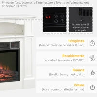 Camino Elettrico con Effetto Fiamma LED Regolabile 1800 W, Telecomando, Timer e Ripiano Integrato, Bianco