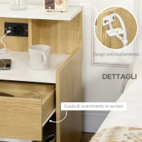 Comodino moderno con 2 Prese, 2 porte USB e Cassetto in truciolato, 40x40x60cm, Color Legno