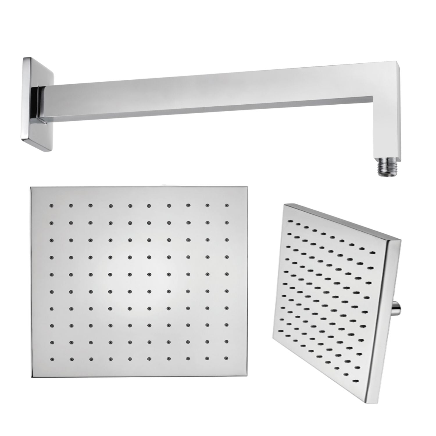 Braccio doccia ottone cromato + soffione doccia quadrato ottone cromato 300x300x8 mm spessore