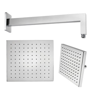 Braccio doccia ottone cromato + soffione doccia quadrato ottone cromato 300x300x8 mm spessore