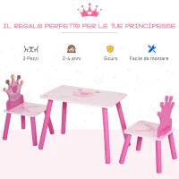 Set Tavolo e 2 Sedie a Tema Principesse per Cameretta Bambini in Legno Rosa con Schienale a Forma di Corona