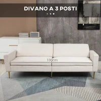Divano Letto 3 Posti in Tessuto con Poggiapiedi e Schienale a 5 Reclinazioni, 213x91x83cm, Crema