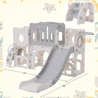 Scivolo Multifunzione 6-in-1 per Bambini con Rampa, Doppia Piattaforma, Armadietti, Canestro e Scala, in Polietilene ad Alta Densità, 174x150x95 cm - Scivolo da Giardino per Bambini, Grigio+Bianco