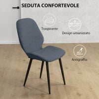 Set 2 Sedie da Pranzo con Schienale Ricurvo, in Tessuto Effetto Lino, Schiuma e Acciaio, 46x56x86 cm, Grigio e Nero