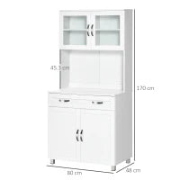 Mobile Cucina Moderno con 2 Armadietti, Ante in Vetro e Mensole Regolabili, 80x48x170 cm, Bianco