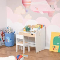 Set Scrivania e Sedia per Bambini con Cassetto e Scaffale, Bordi Arrotondati, Età 6-10 Anni, Bianco e Legno